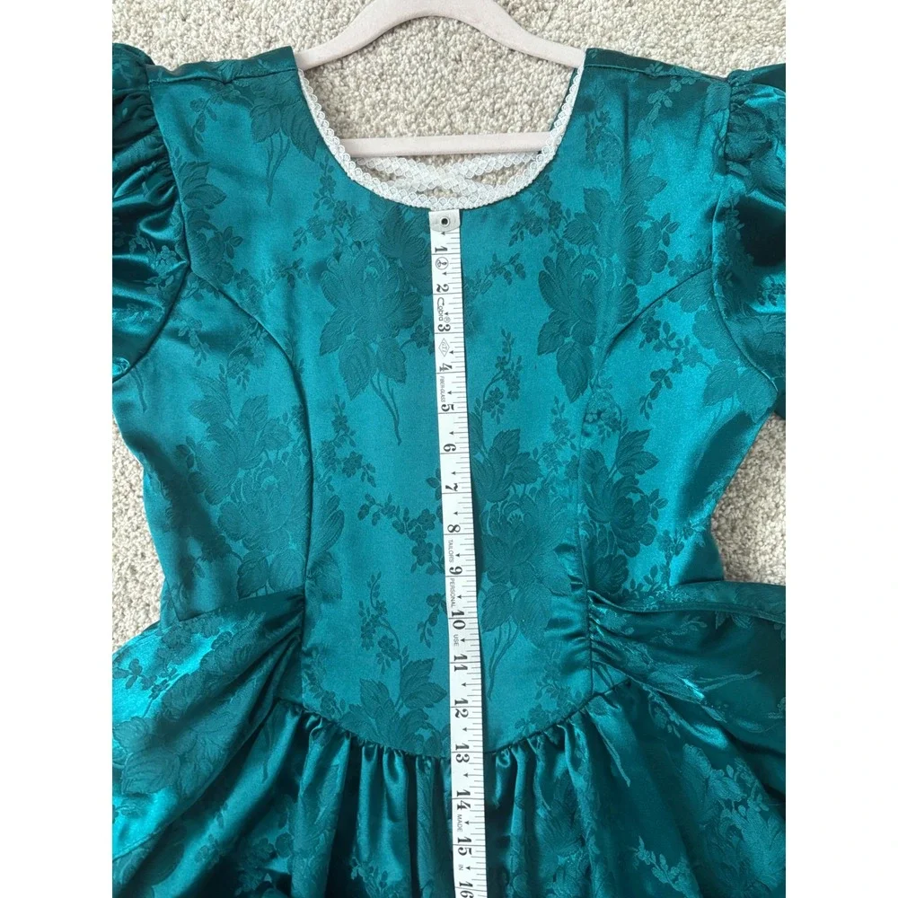 Vintage Disorderly Kids Emerald Green Floral Jacquard Dress Girls14 Made in USA